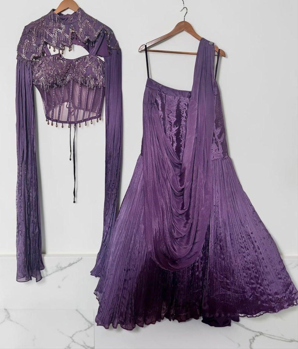 Purple corset lehenga drape