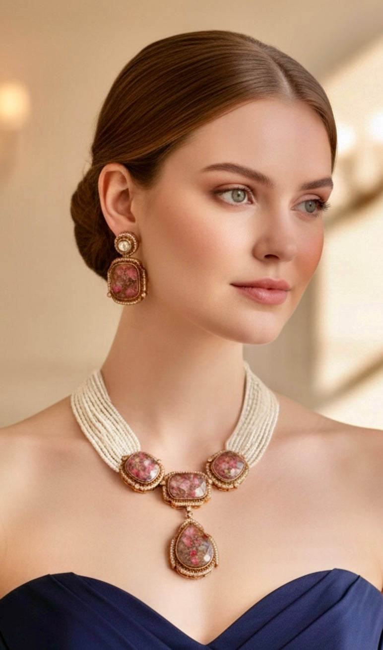 Pink doublet stone with pearls string