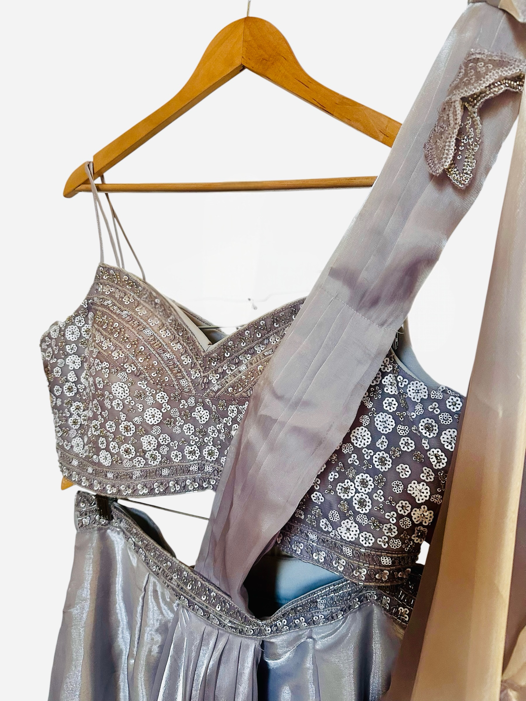 Silver grey fusion lehenga saree