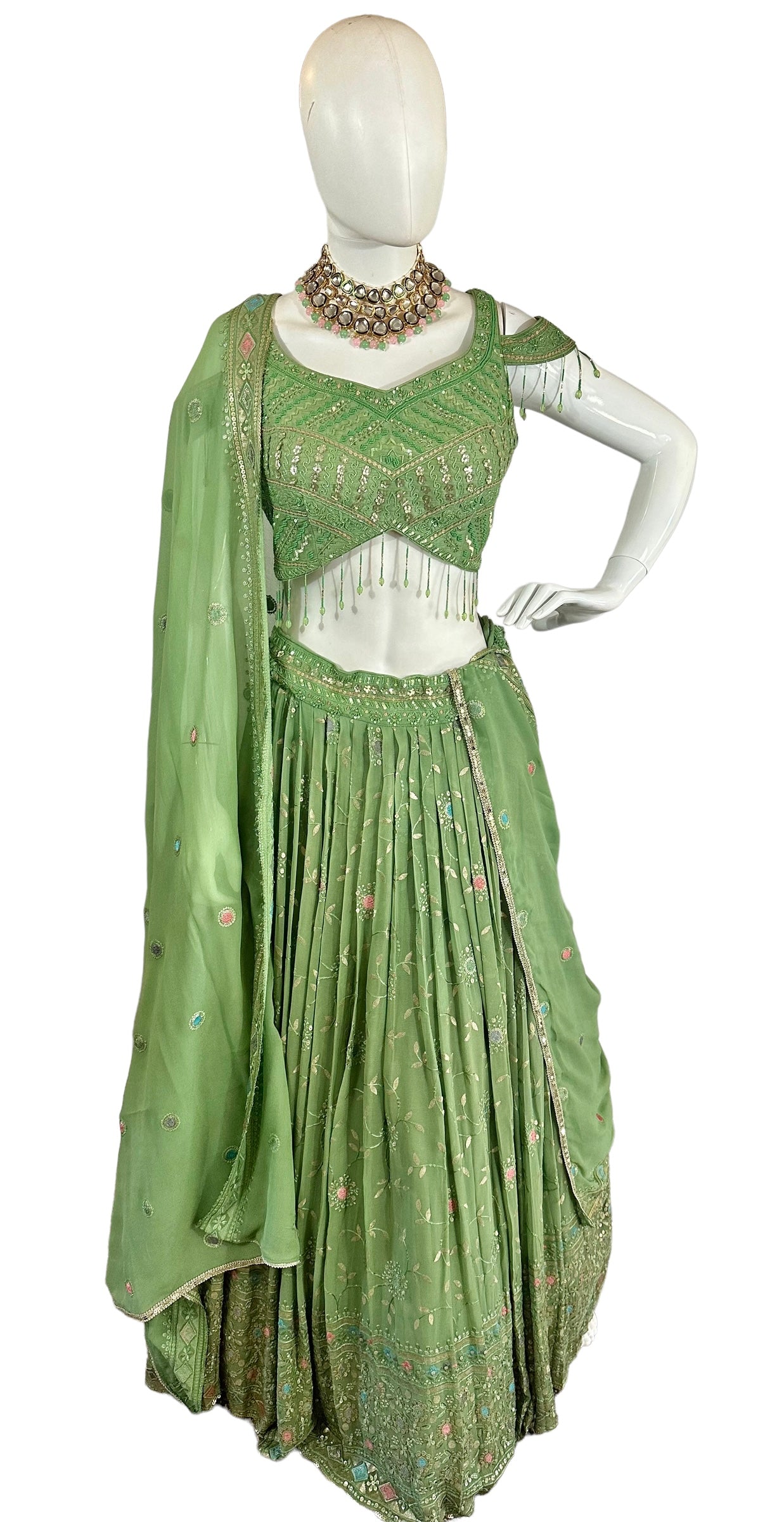 Green chikankari lehenga