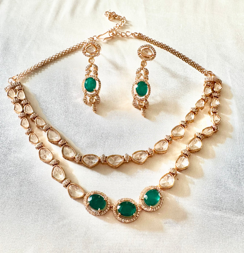 2-layered Emerald green Polki set
