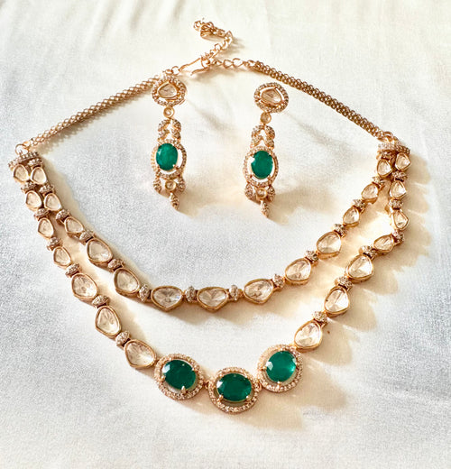 2-layered Emerald green Polki set