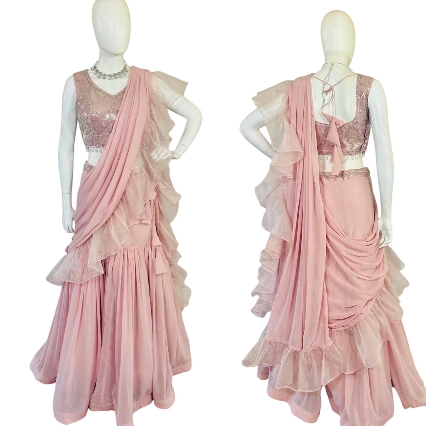 Pink ruffle lehenga saree