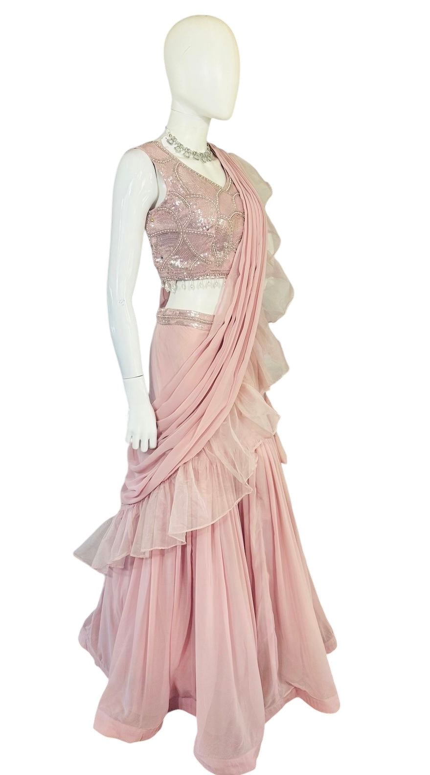 Pink ruffle lehenga saree