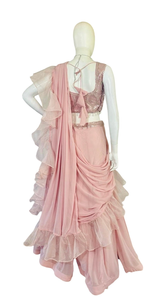 Pink lehenga ruffle saree