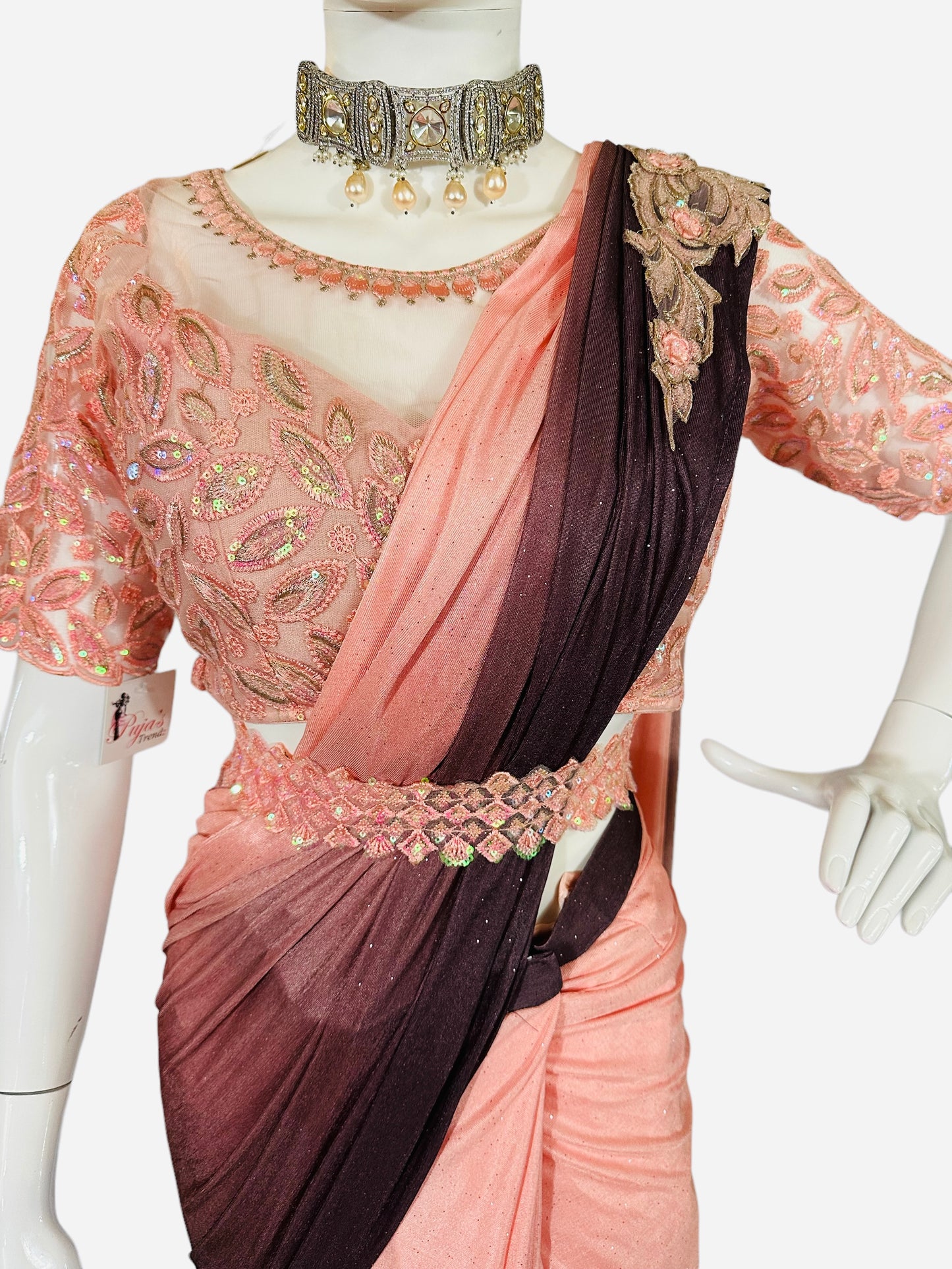 Peach n chocolate 2-shaded stitched saree