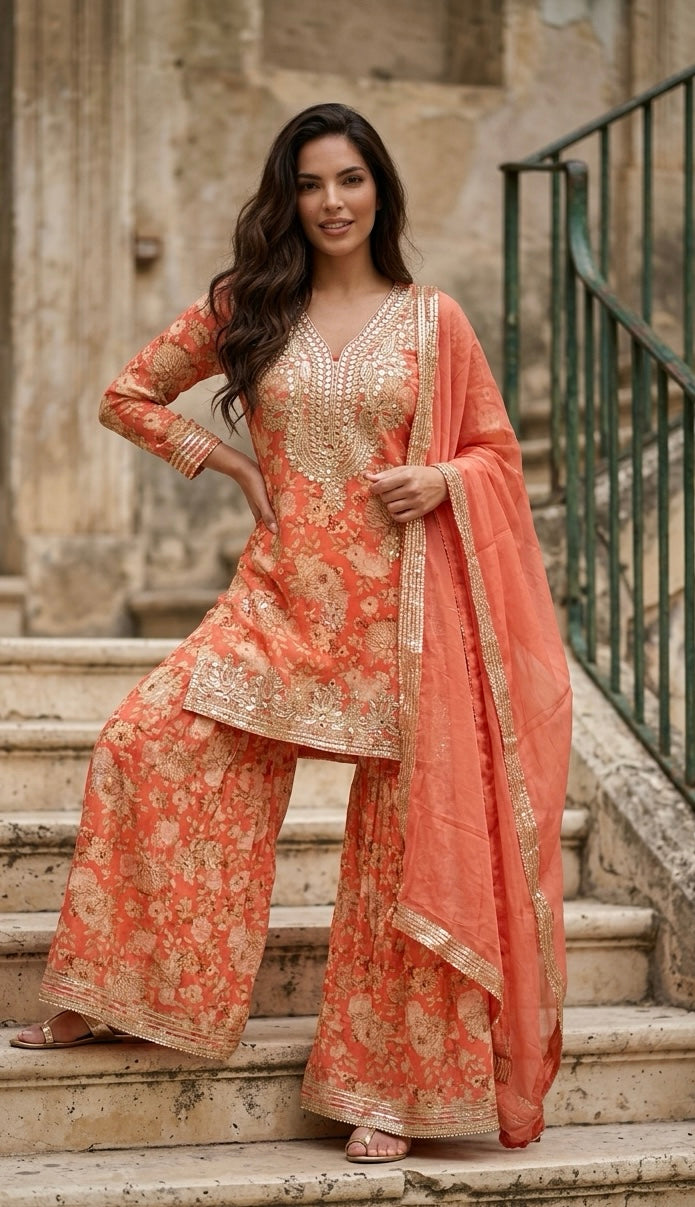 Peach floral Sharara suit