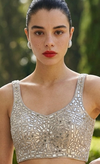 Silver grey mirror work blouse