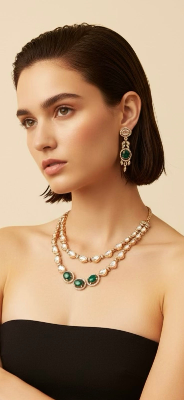 2-layered Emerald green Polki set