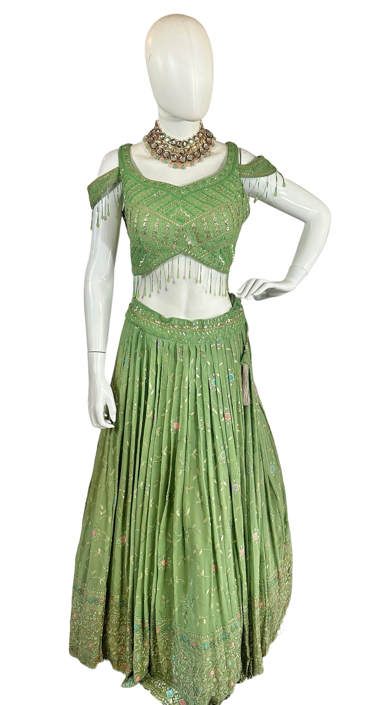 Green chikankari lehenga