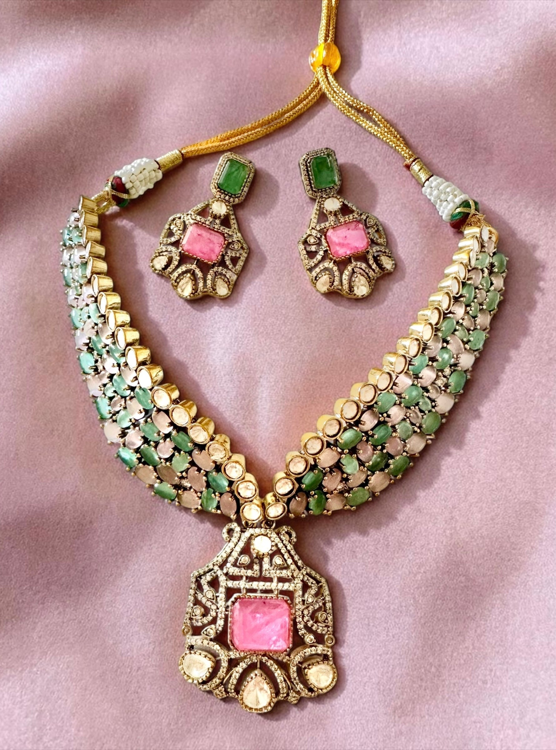Pink/sea-green diamente set