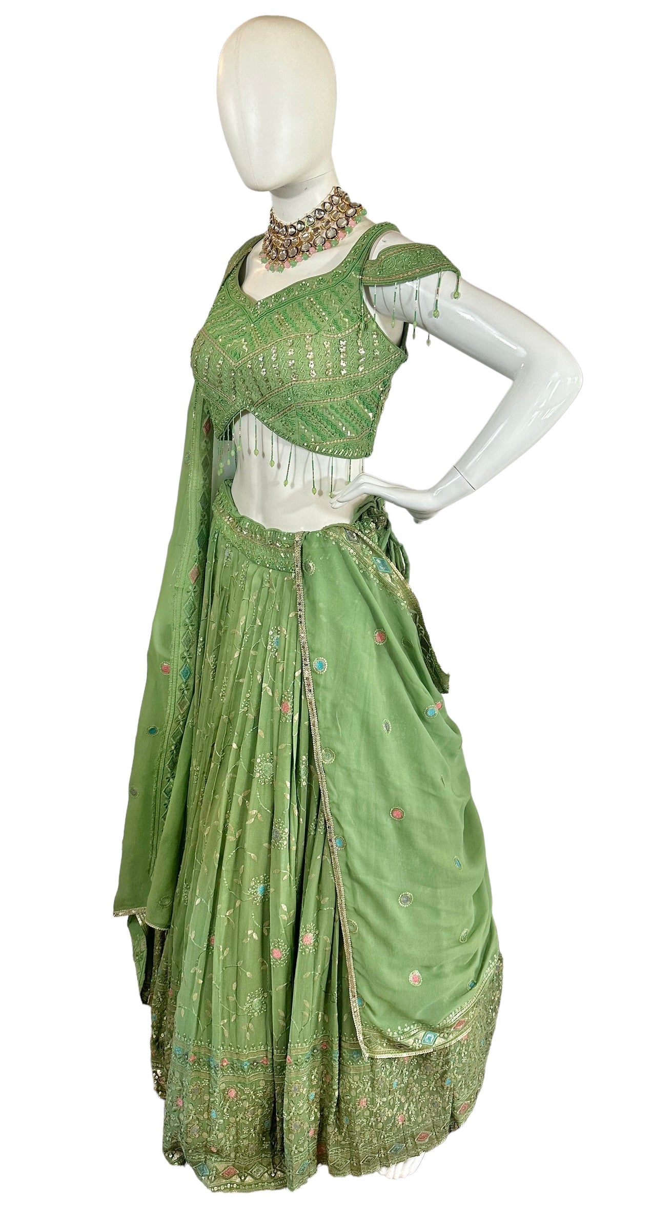 Green chikankari lehenga