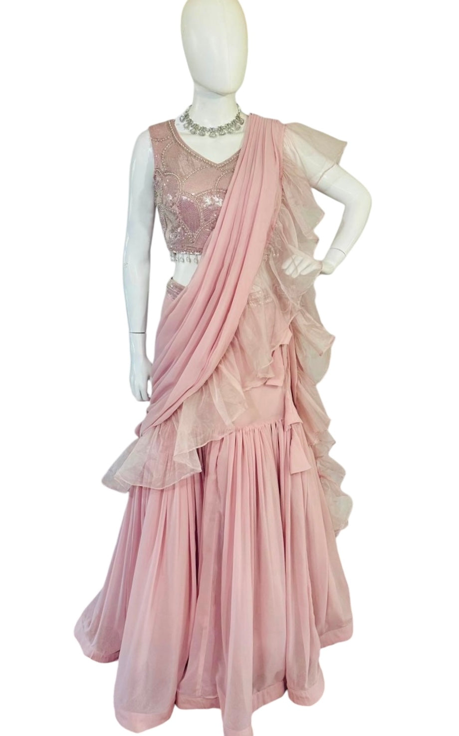 Pink ruffle lehenga saree