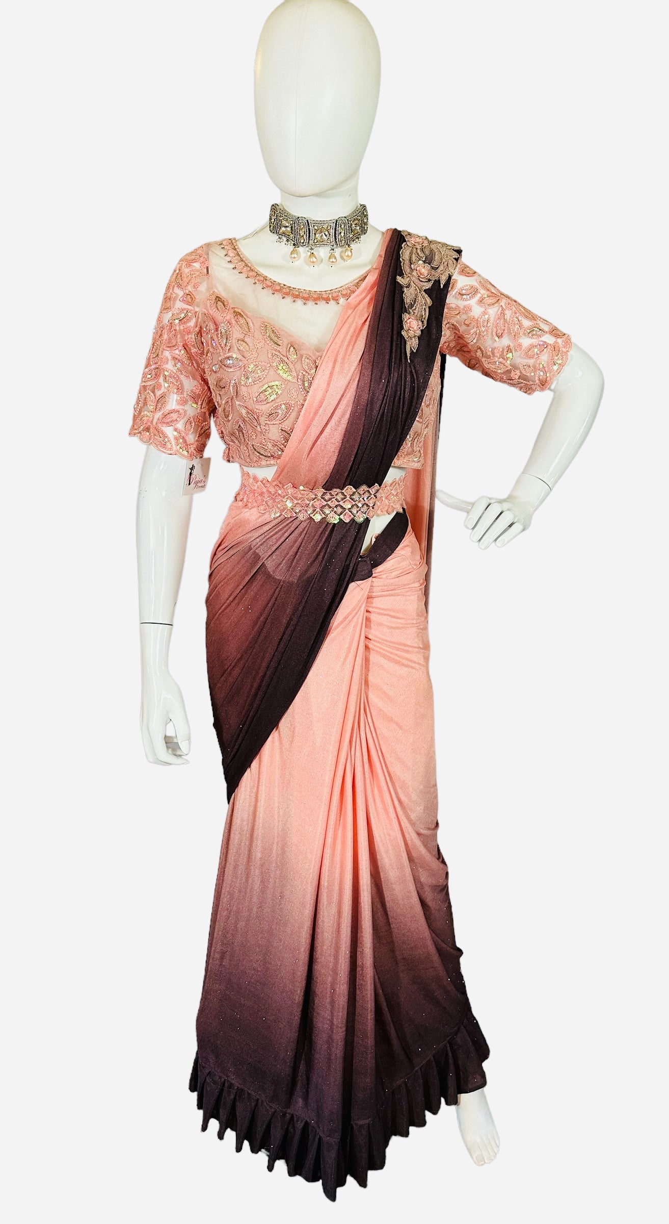 Peach n chocolate 2-shaded stitched saree