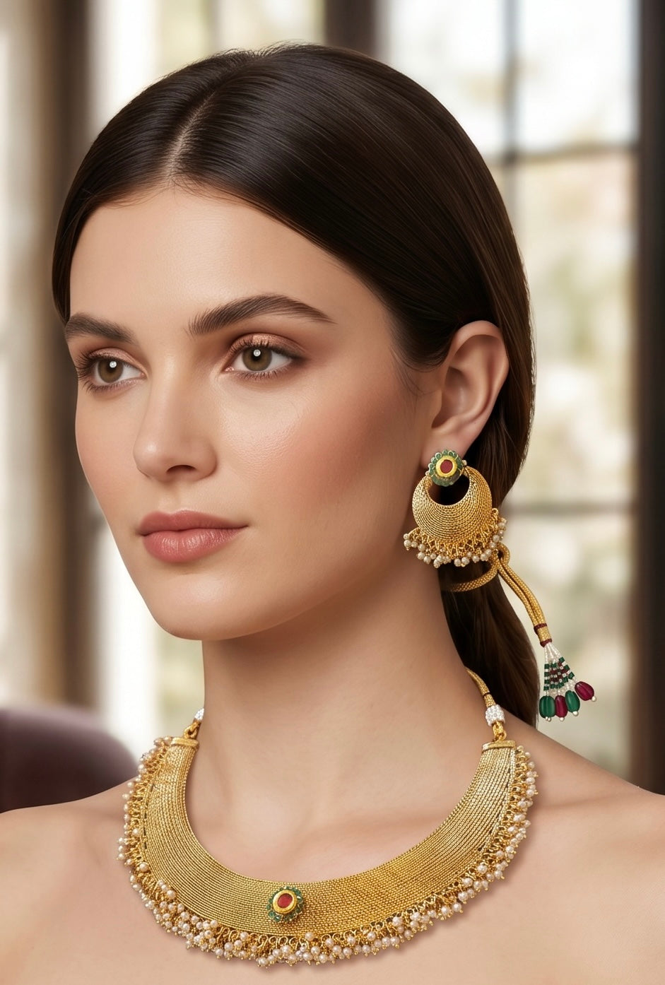 Ruby n green stone set in gold finish