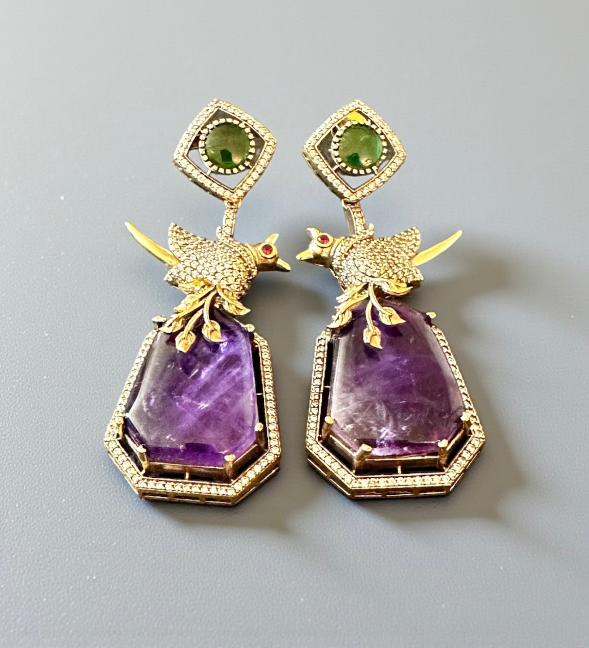 Bird motif purple n green stone earrings