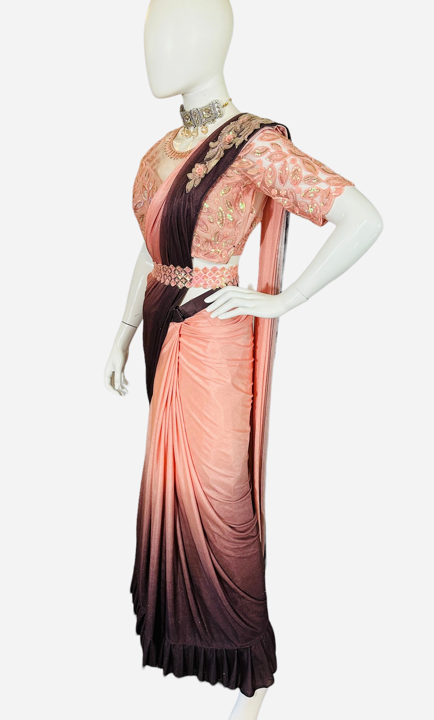 Peach n chocolate 2-shaded stitched saree