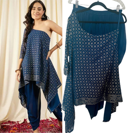 Navy blue one-shoulder dhoti set