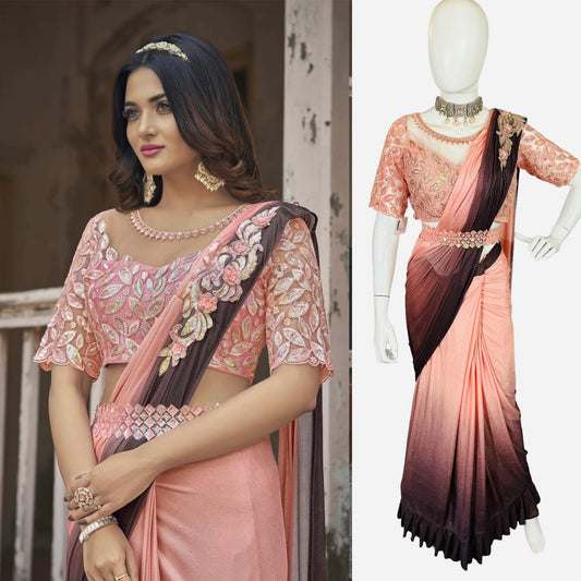 Peach n chocolate 2-shaded stitched saree