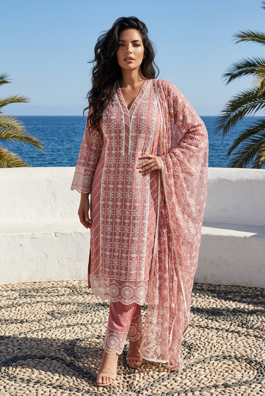 Turkish rose chikankari suit