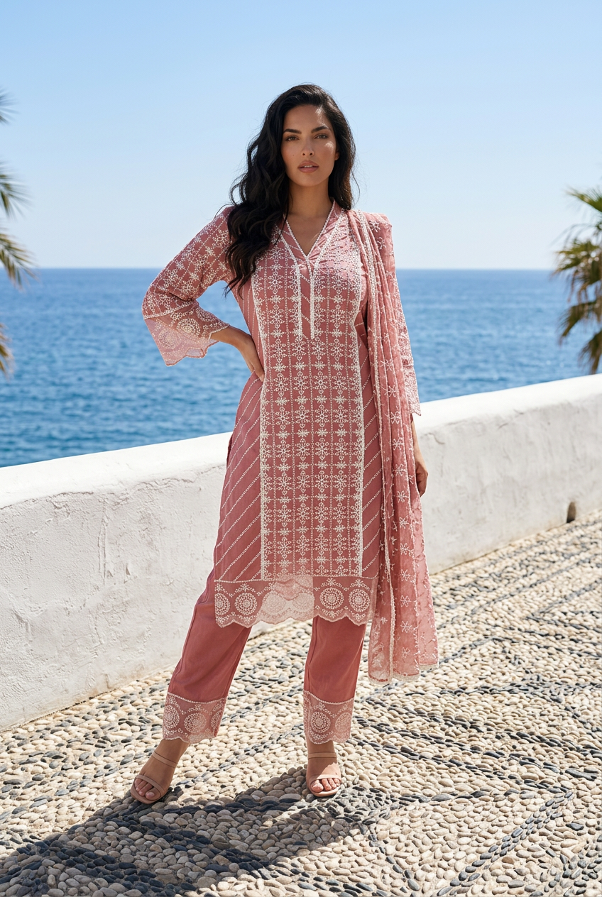 Turkish rose chikankari suit