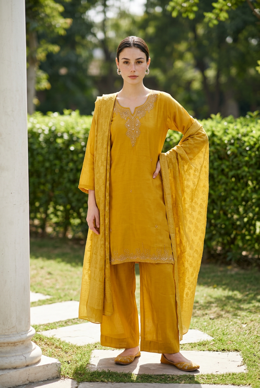 Mustard yellow palazzo suit