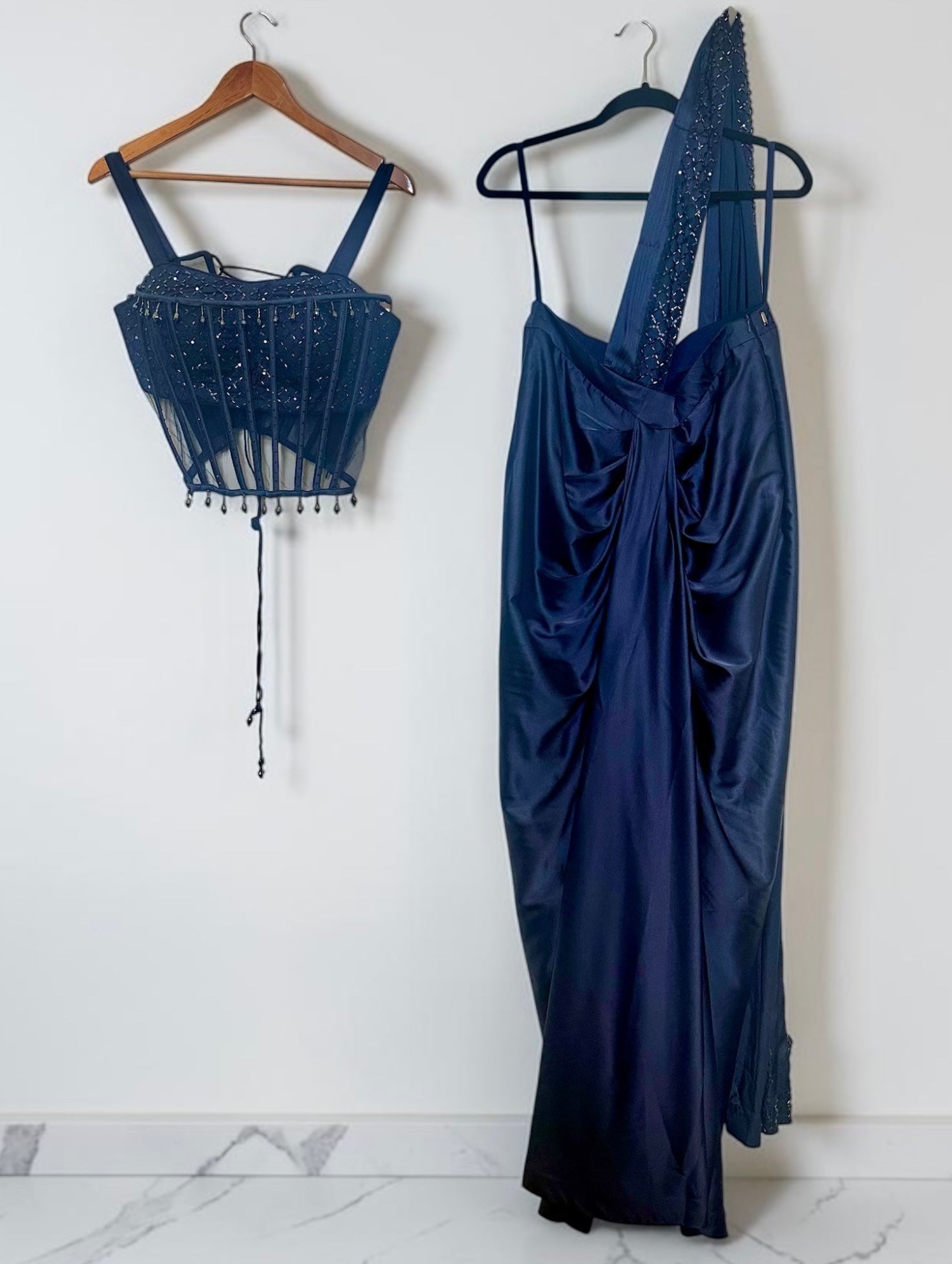 Navy blue dhoti skirt drape