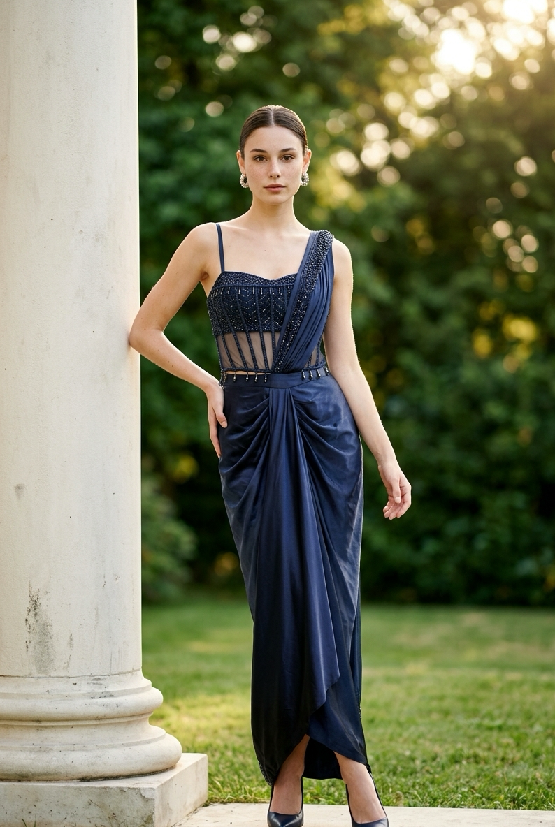 Navy blue dhoti skirt drape