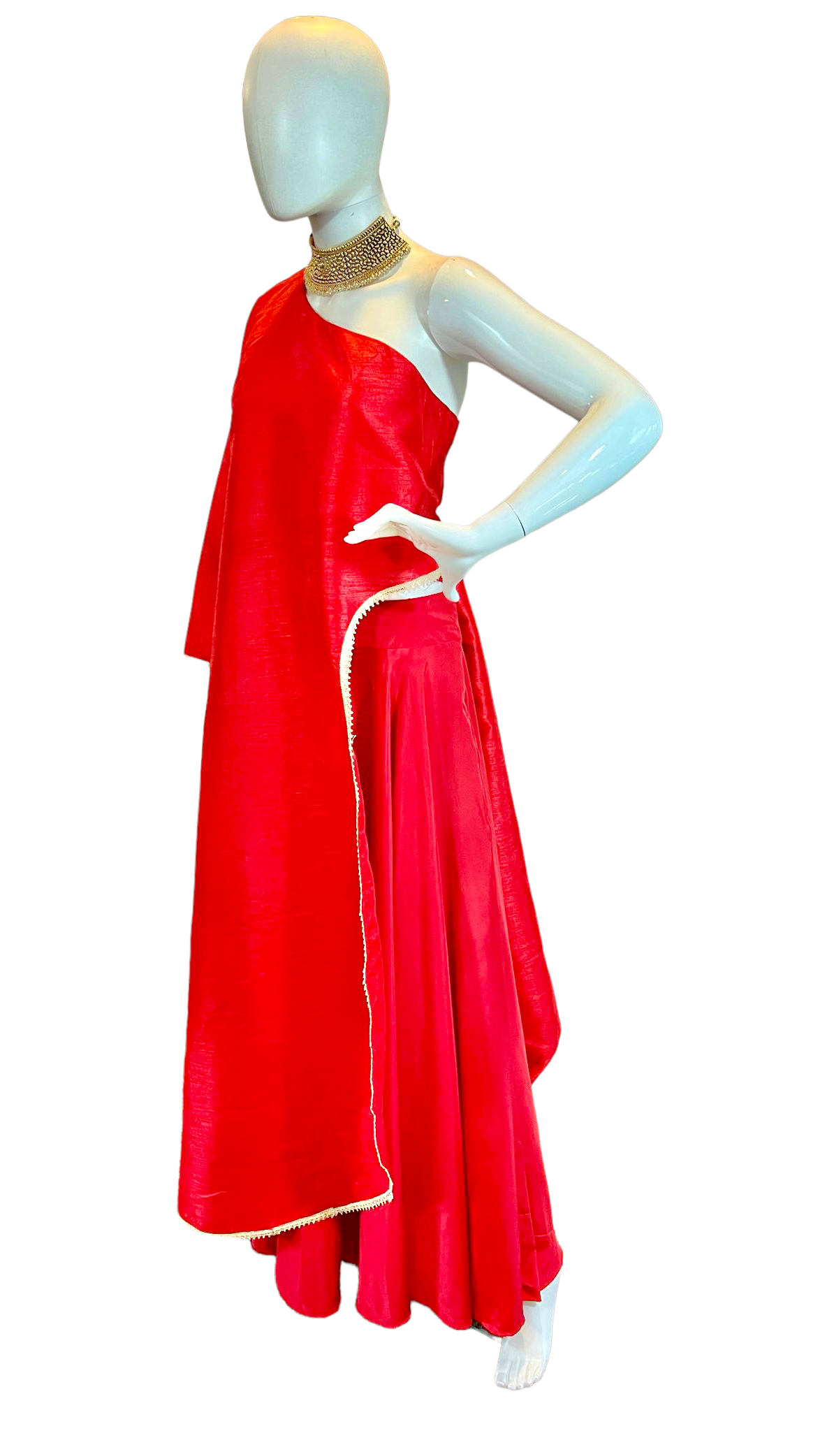 Red one-shoulder skirt set