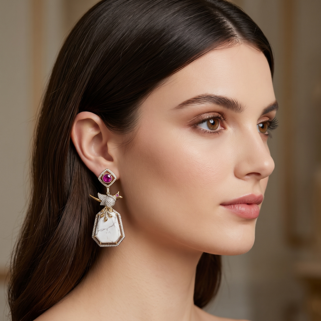 Bird motif ruby n white stone earrings