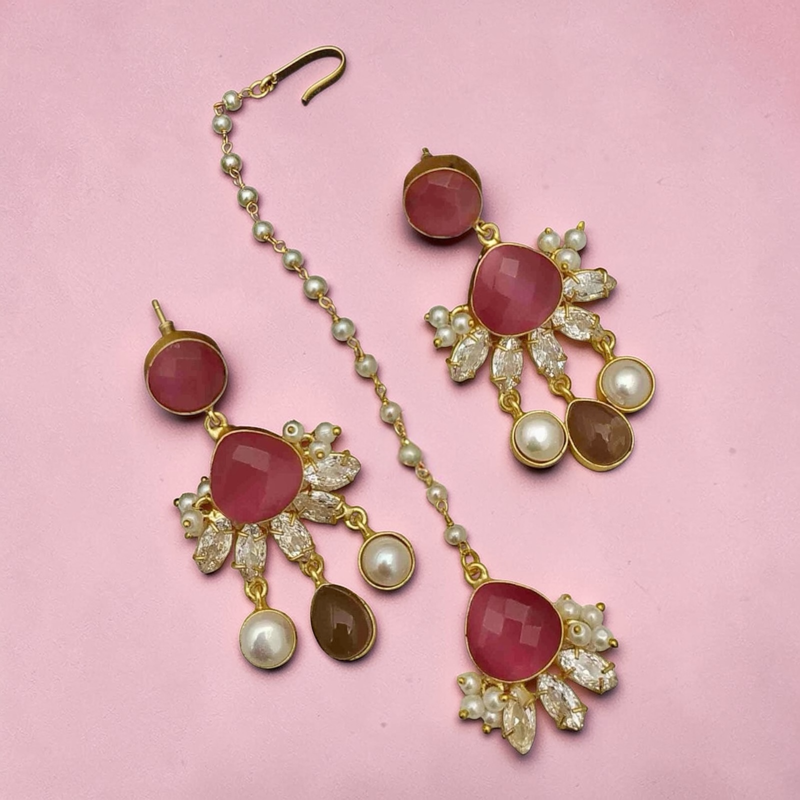 Pink earrings with tikka