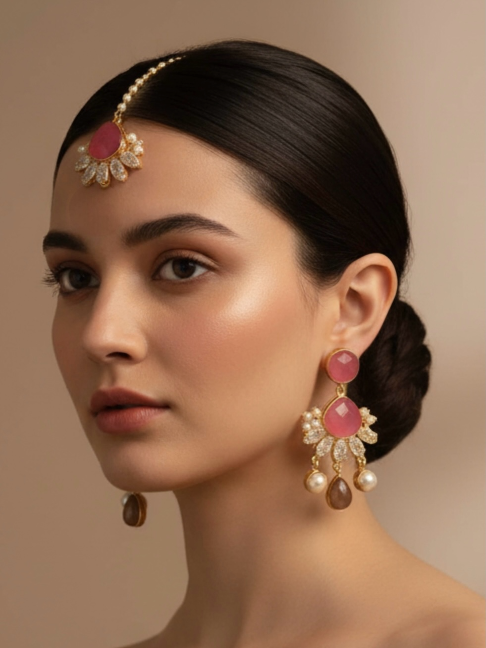 Pink polki earrings with tikka