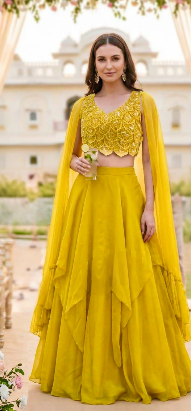 Greenish yellow fusion lehenga