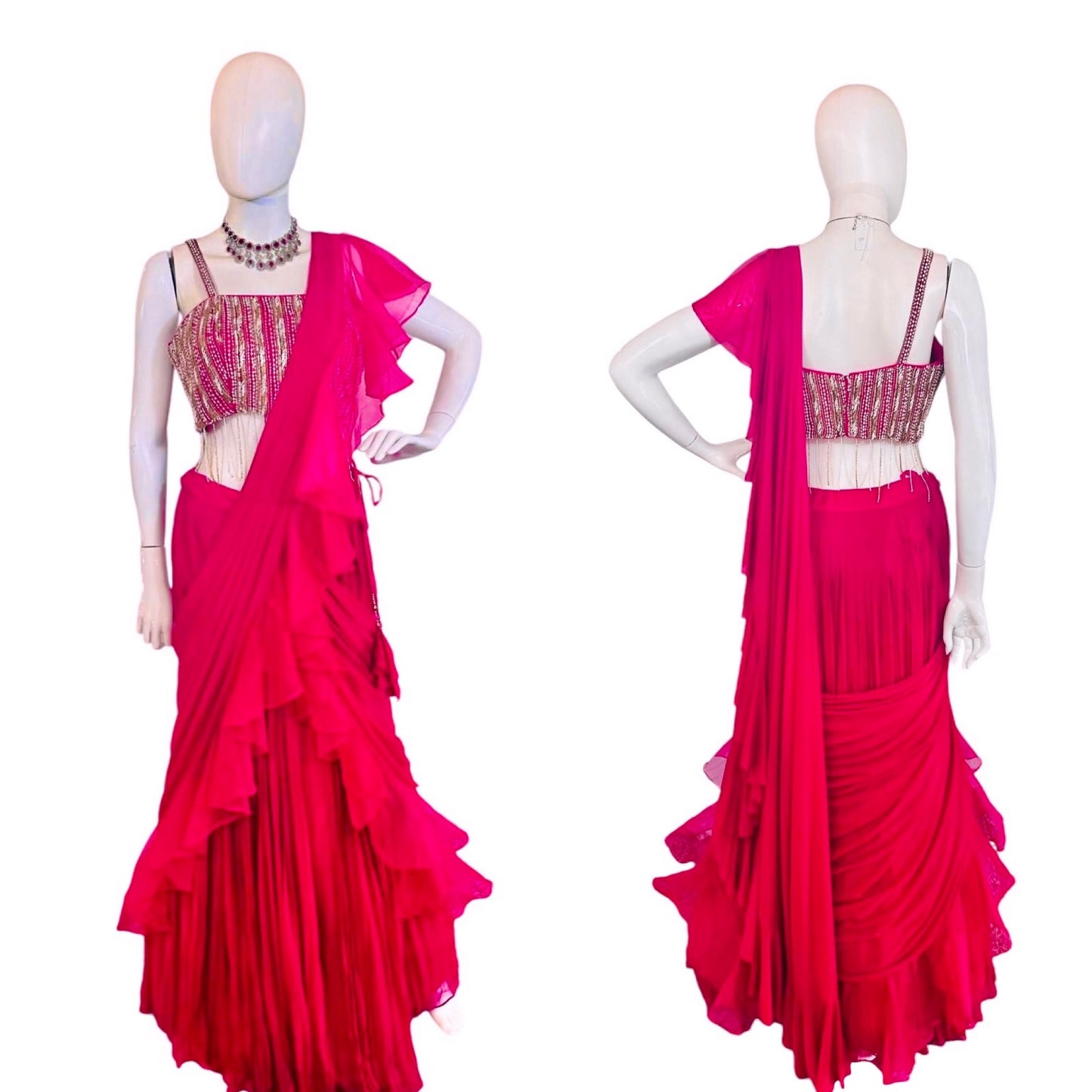 Pinkish red lehenga saree