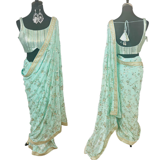 Bluish green sequins saree