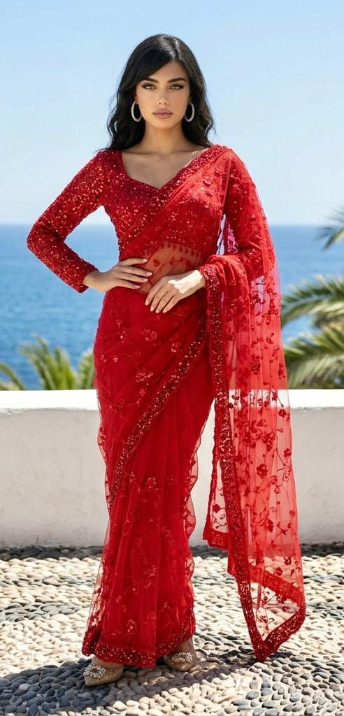 Red net saree