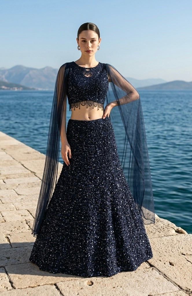 Navy blue sequins lehenga