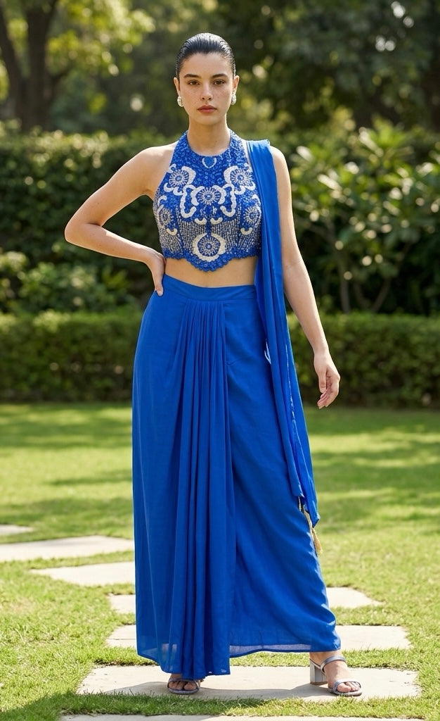 Electric blue dhoti skirt set