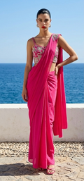 Hot pink stitched saree
