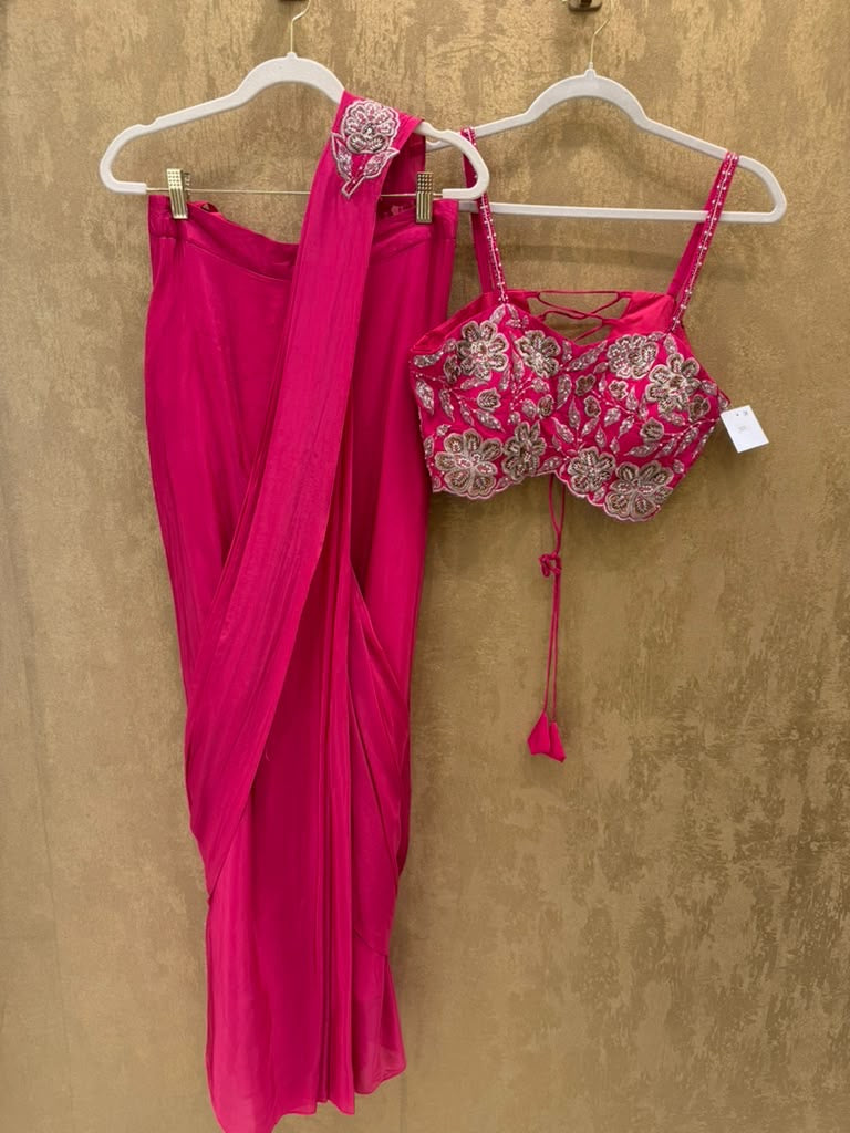 Hot pink stitched saree