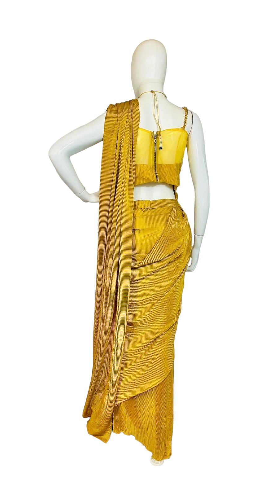 Mustard yellow pre-pleated saree