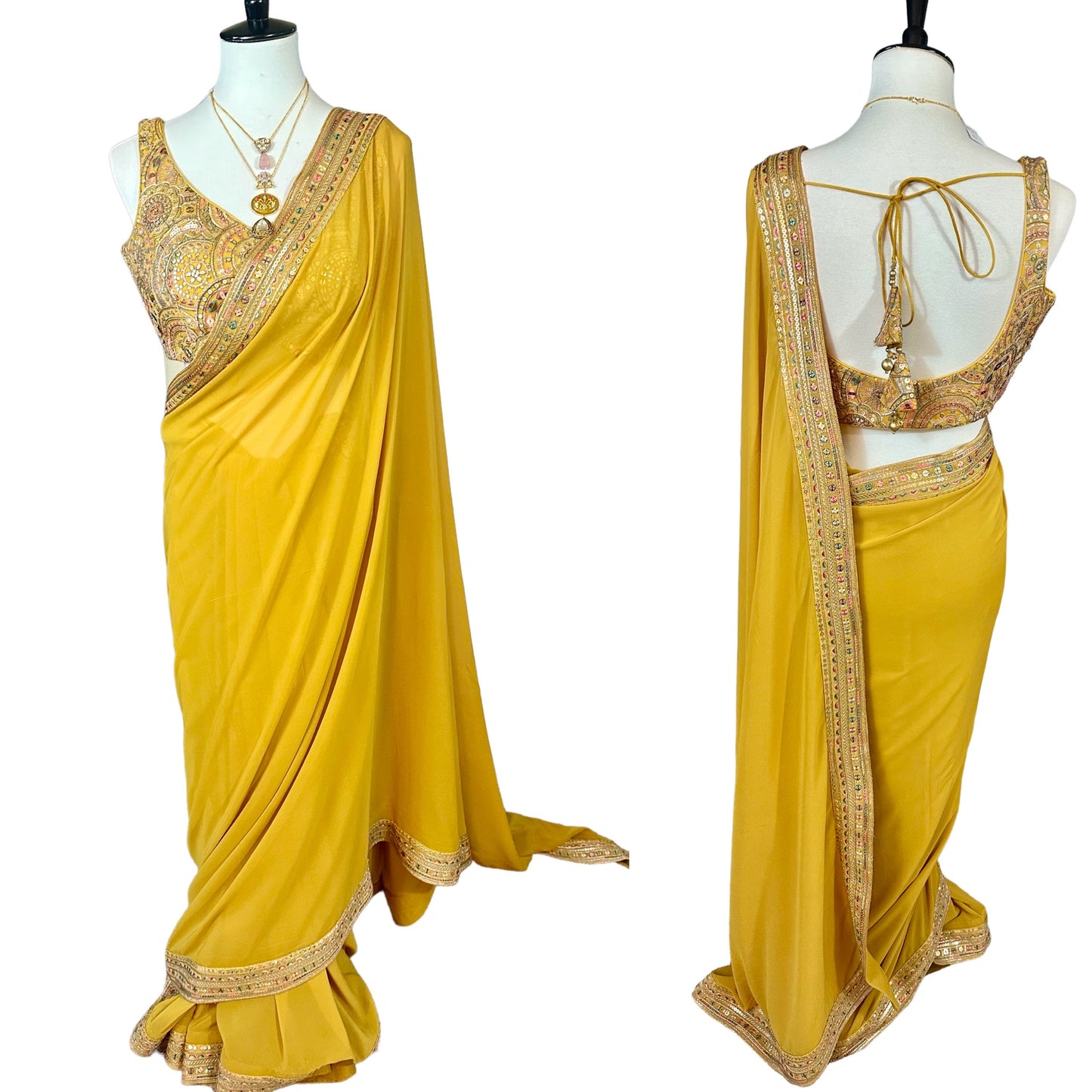 Mustard yellow georgette saree