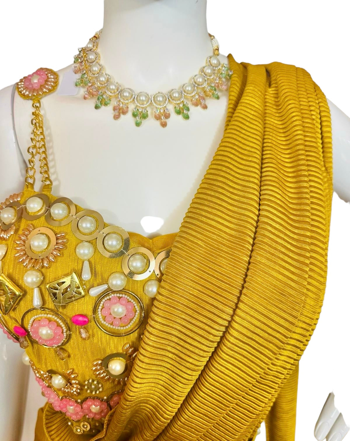 Mustard yellow pre-pleated saree