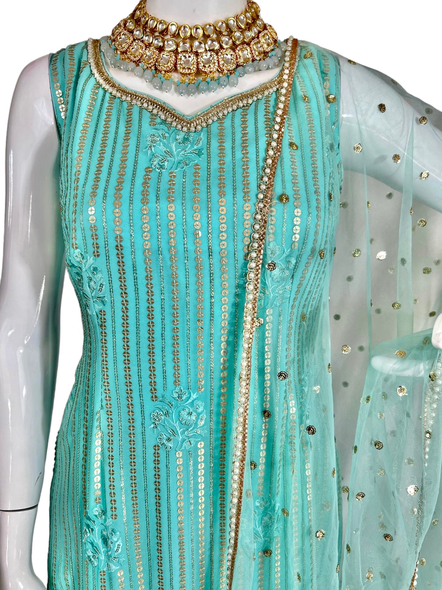 Aqua blue sequins sharara suit