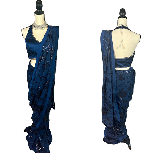 Navy blue sequins saree