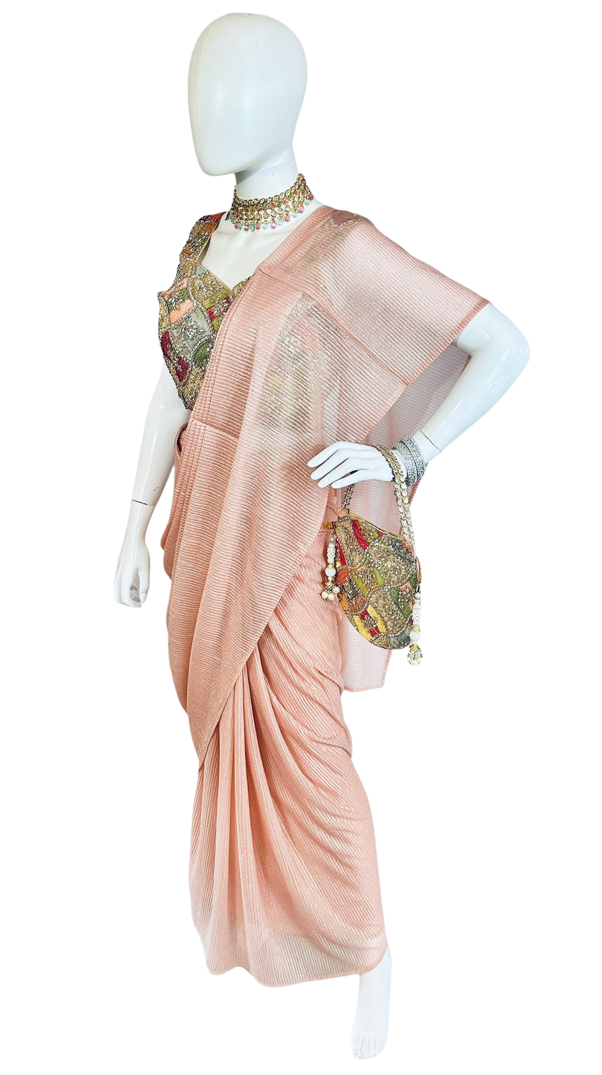 Peach stitched saree