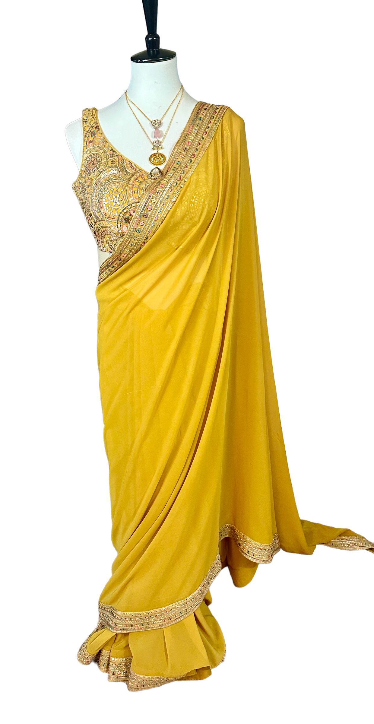 Mustard yellow georgette saree