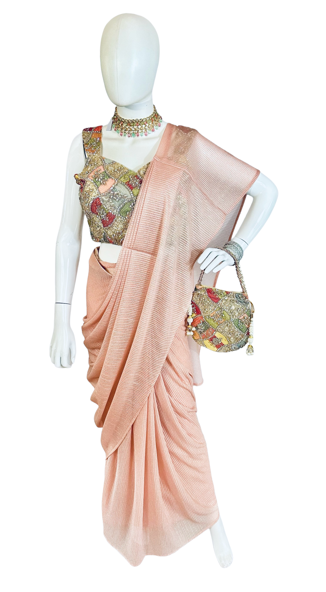 Peach stitched saree