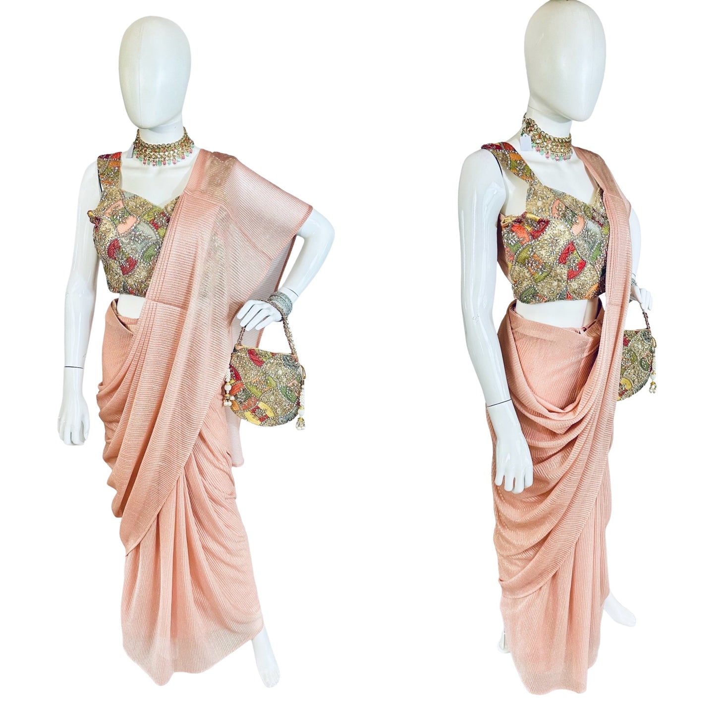 Peach stitched saree