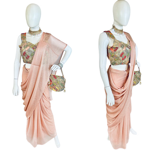 Peach stitched saree